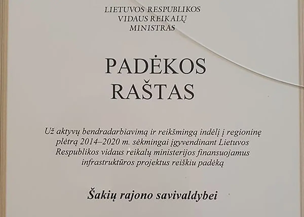 Šakių savivaldybė gavo padėkos raštą